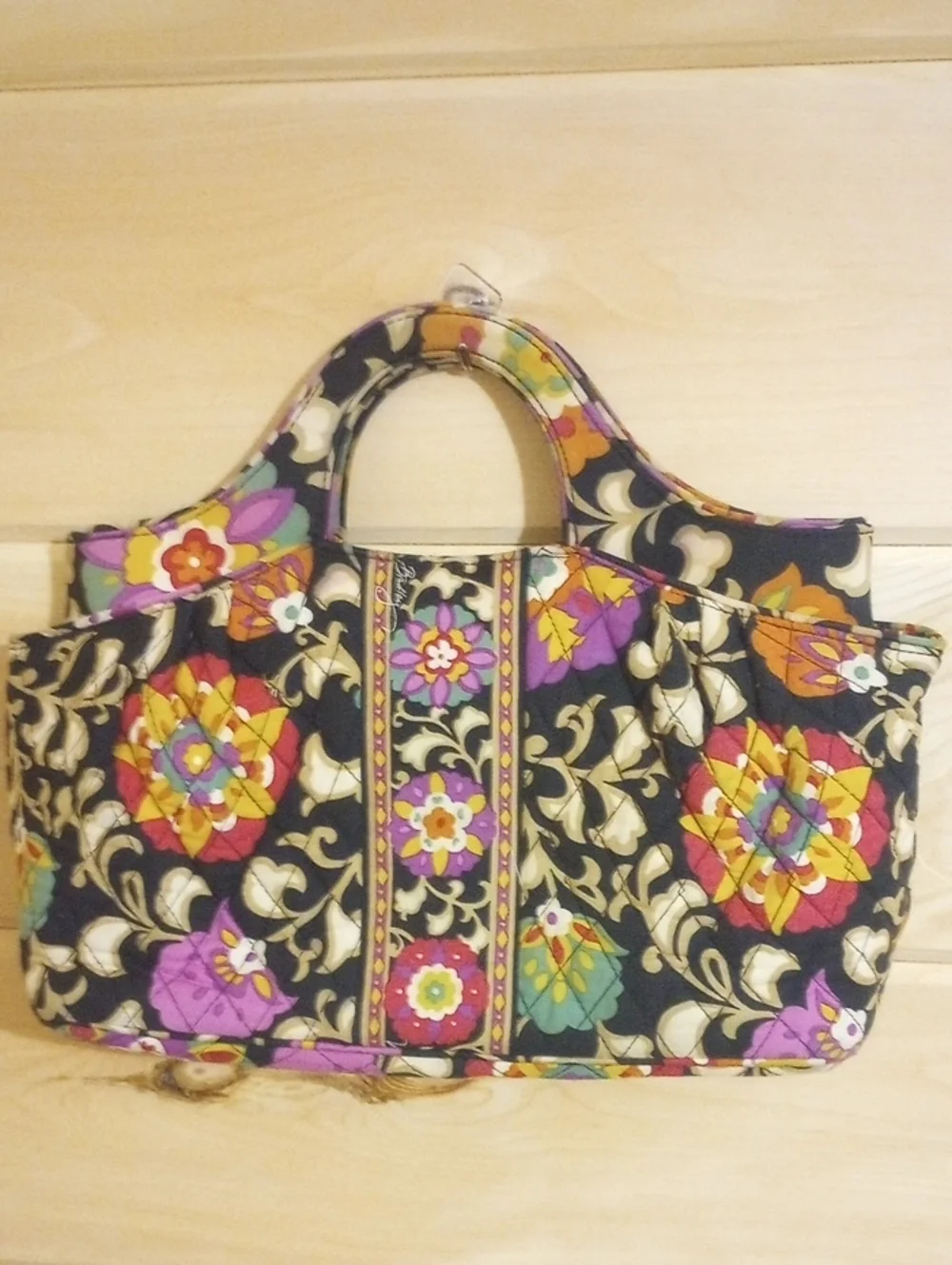 Vera Bradley Black Floral Quilted Tote with Purple, Yellow, Pink & Green Accents